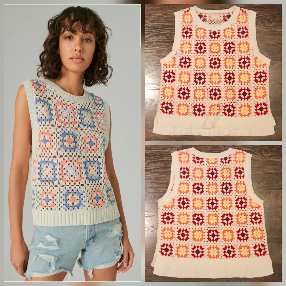 Lucky Brand Cream Crochet Gridded Tank with Pastel Blue & Pink Motifs